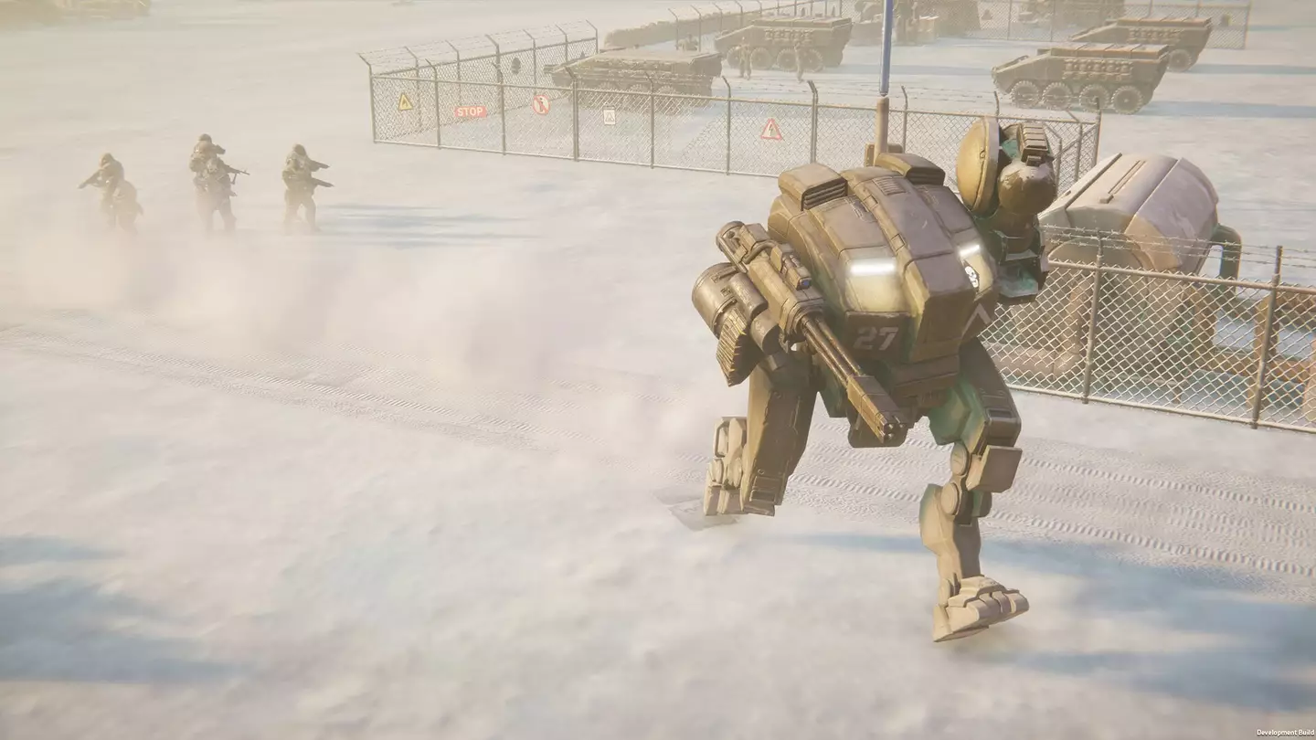 Offizielles Bild von der MENACE Steam-Store-Seite mit einem großen alten Mech