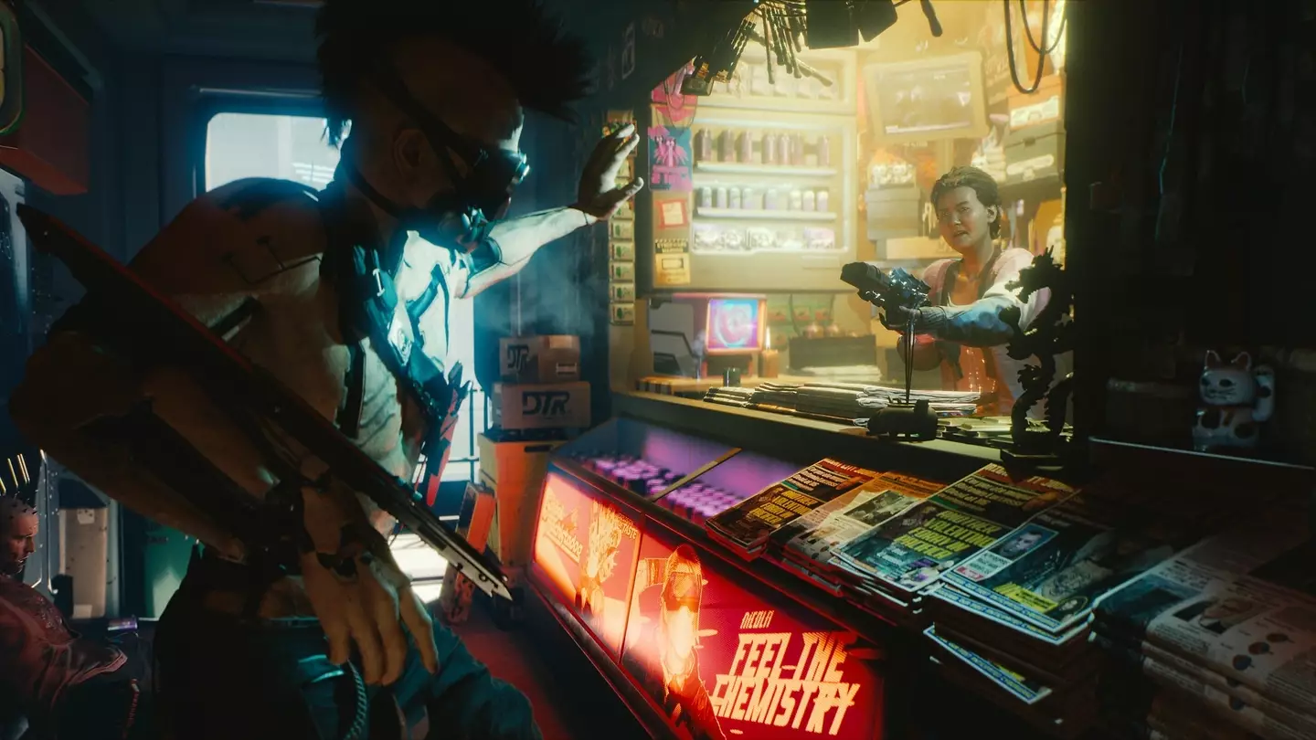 Bild eines Kerls, der in Cyberpunk 2077, CD Projekt RED, den Spieß umdreht